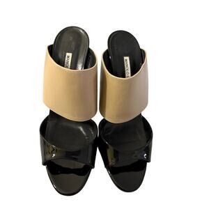 MANOLO BLAHNIK Beige Black Patent Leather Ripta Double Band Slide Sandals